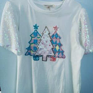 Southern Grace Sequin Sleeve Festive Tee - White
